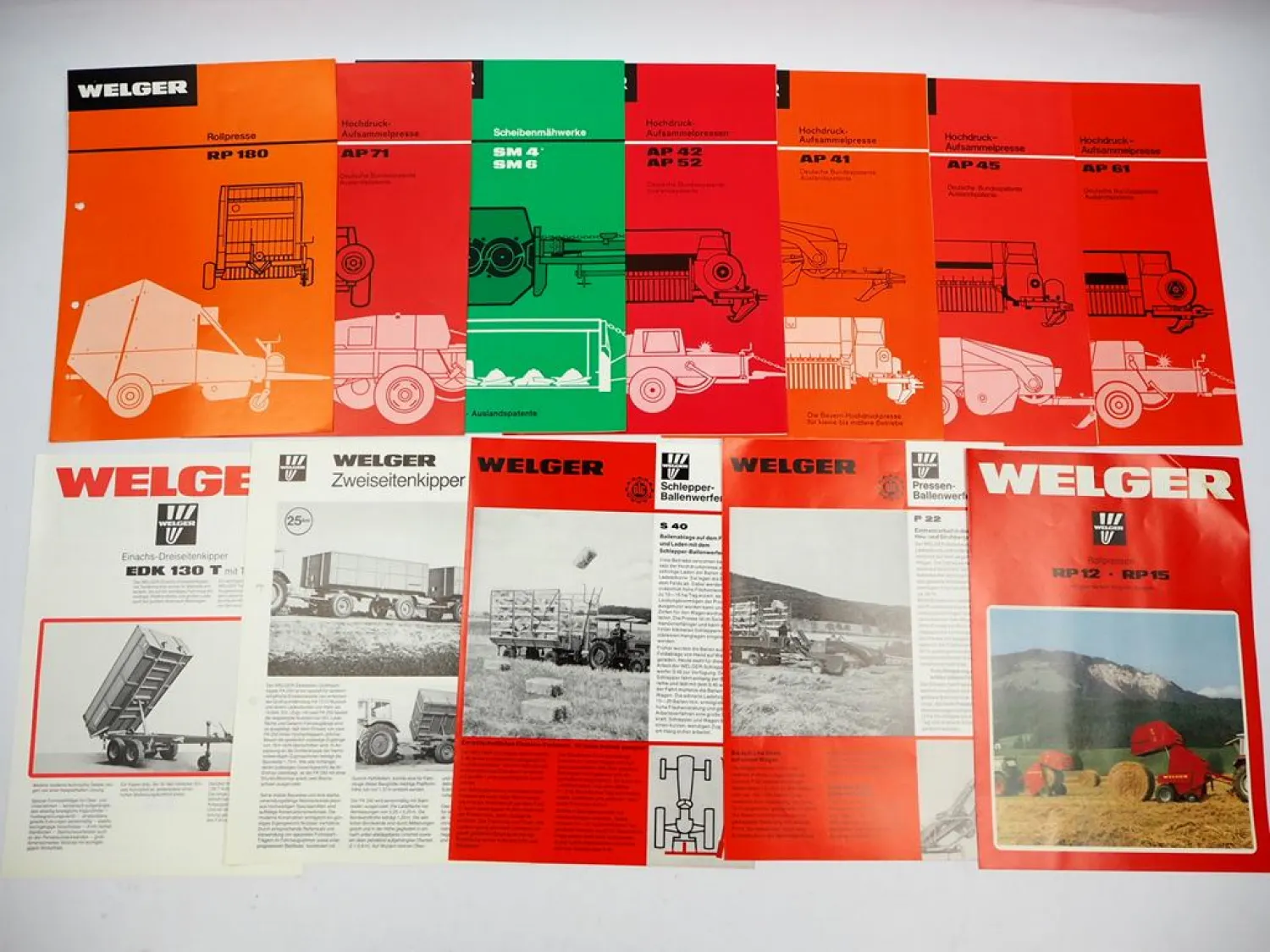 12x Original Prospekt Welger Landtechnik Pressen Kipper Mähwerke 1970/80er Jahre