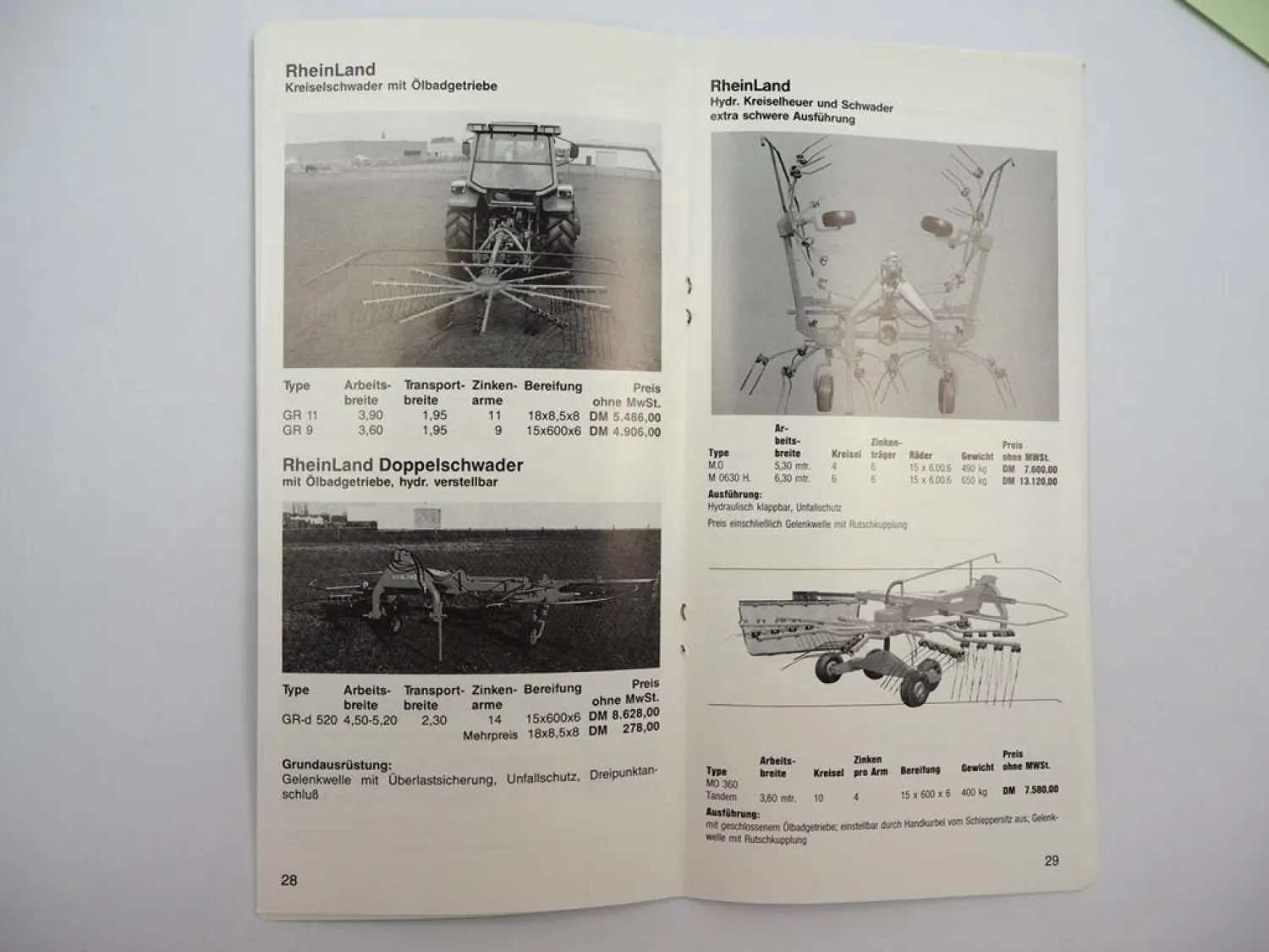 12x Prospekt Preisliste Rheinland Landtechnik Anbaugeräte für Schlepper 1990er