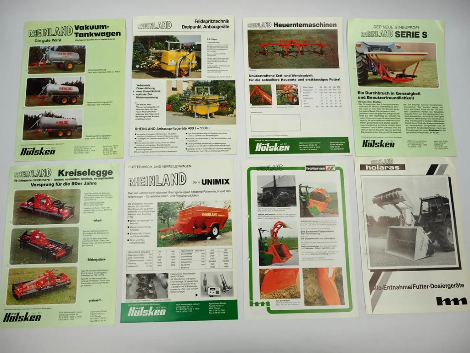 12x Prospekt Preisliste Rheinland Landtechnik Anbaugeräte für Schlepper 1990er