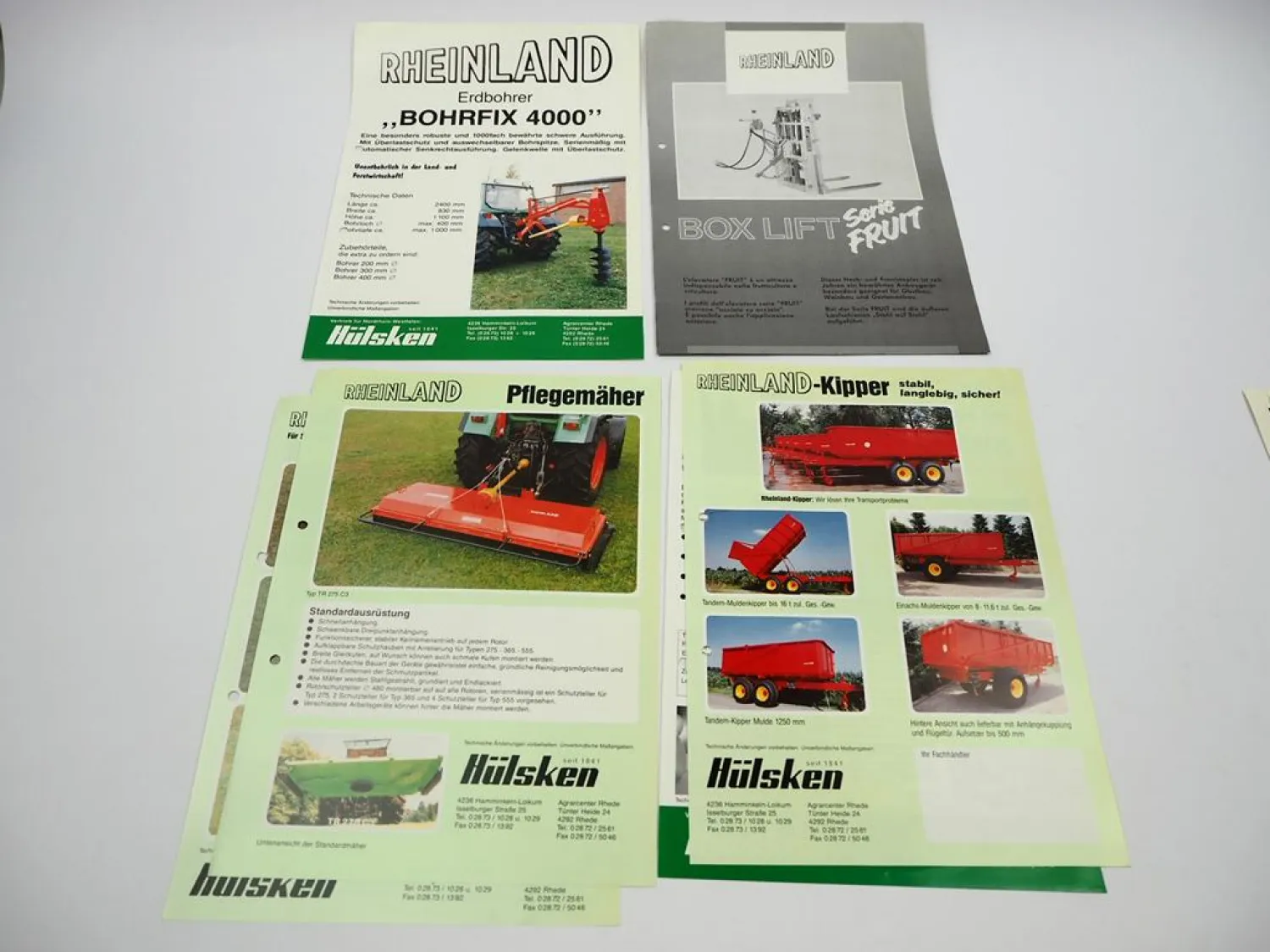 12x Prospekt Preisliste Rheinland Landtechnik Anbaugeräte für Schlepper 1990er