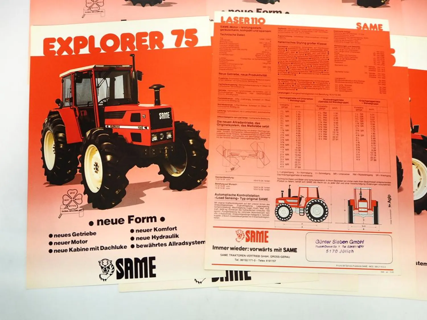13x Prospekt Same Explorer Laser Condor Delfino Minitaurus Schlepper 1985