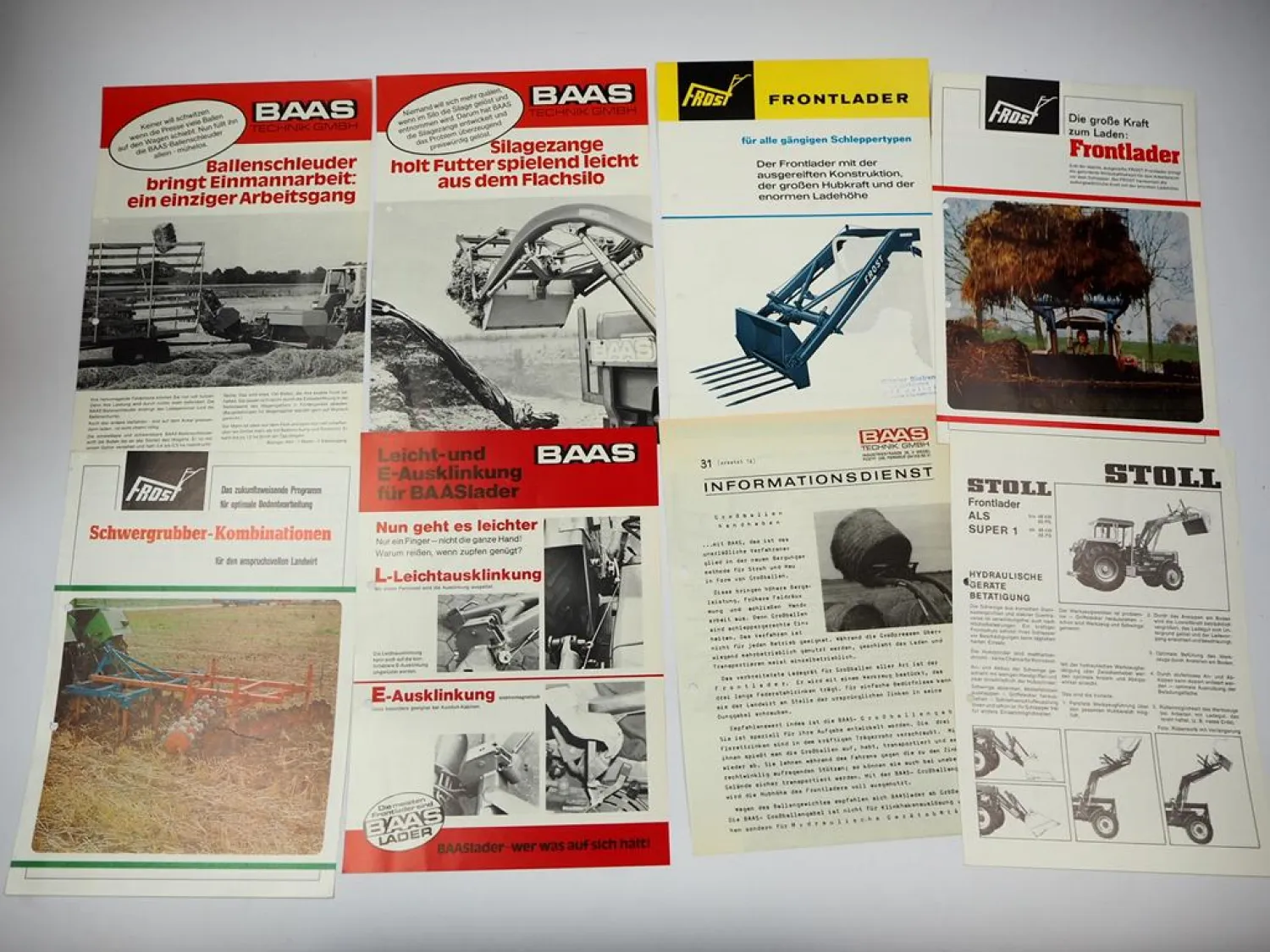 14x Original Prospekt Stoll Baas Frost Frontlader für Schlepper 1970er Jahre