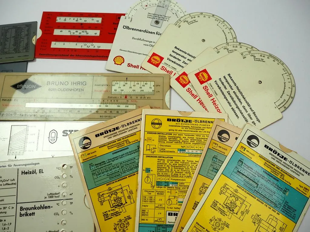 15 Rechenschieber Ölfeuerung Schornsteinfeger Shell ziv Brötje Brigon Strebel Erler