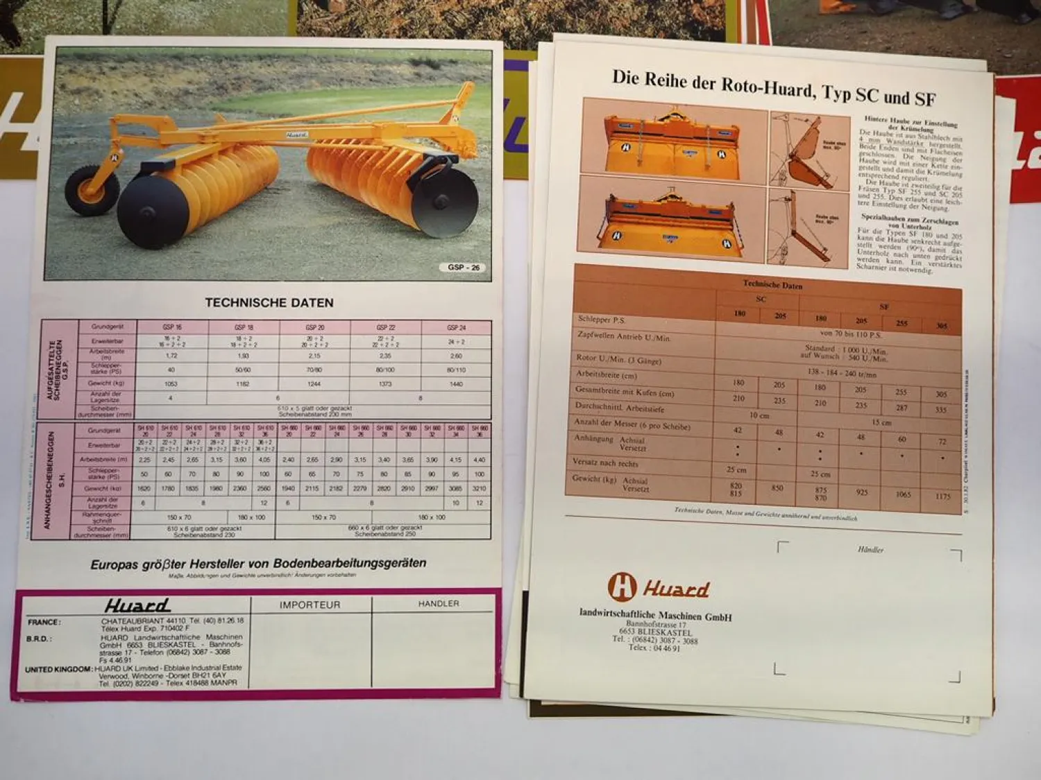 15x Original Prospekt Huard Anbaugeräte für die Landwirtschaft 1978/82