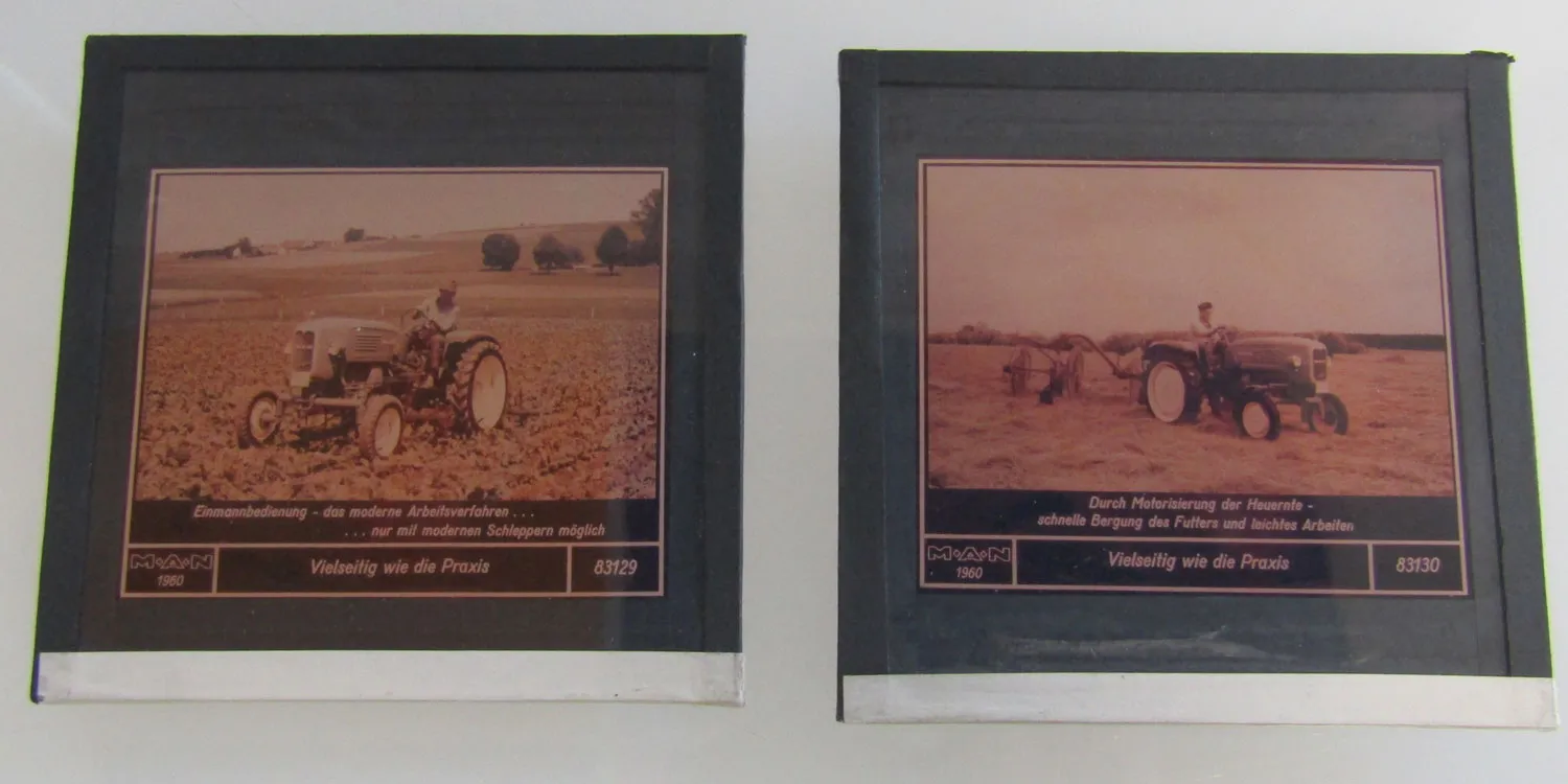 2 Farbdiapositiv MAN Dieselschlepper Heuspinne u. Einmannbedienung 1960 Original