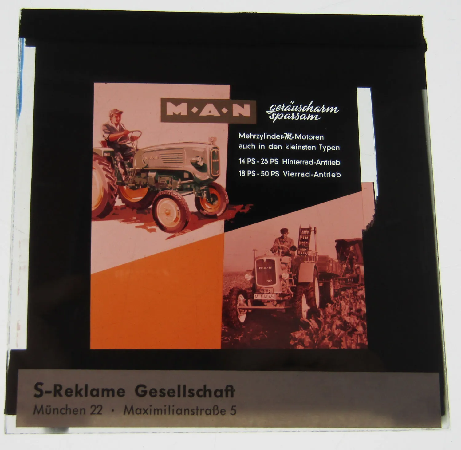 2 Farbdiapositiv MAN Dieselschlepper Werbung 4 Rad ca 1960 Original