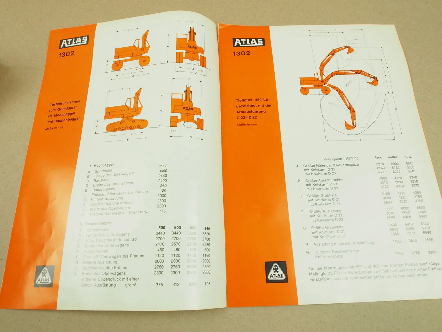 2 Prospekte Atlas AB 1302 Mobil- und Raupenbagger von 6/1970