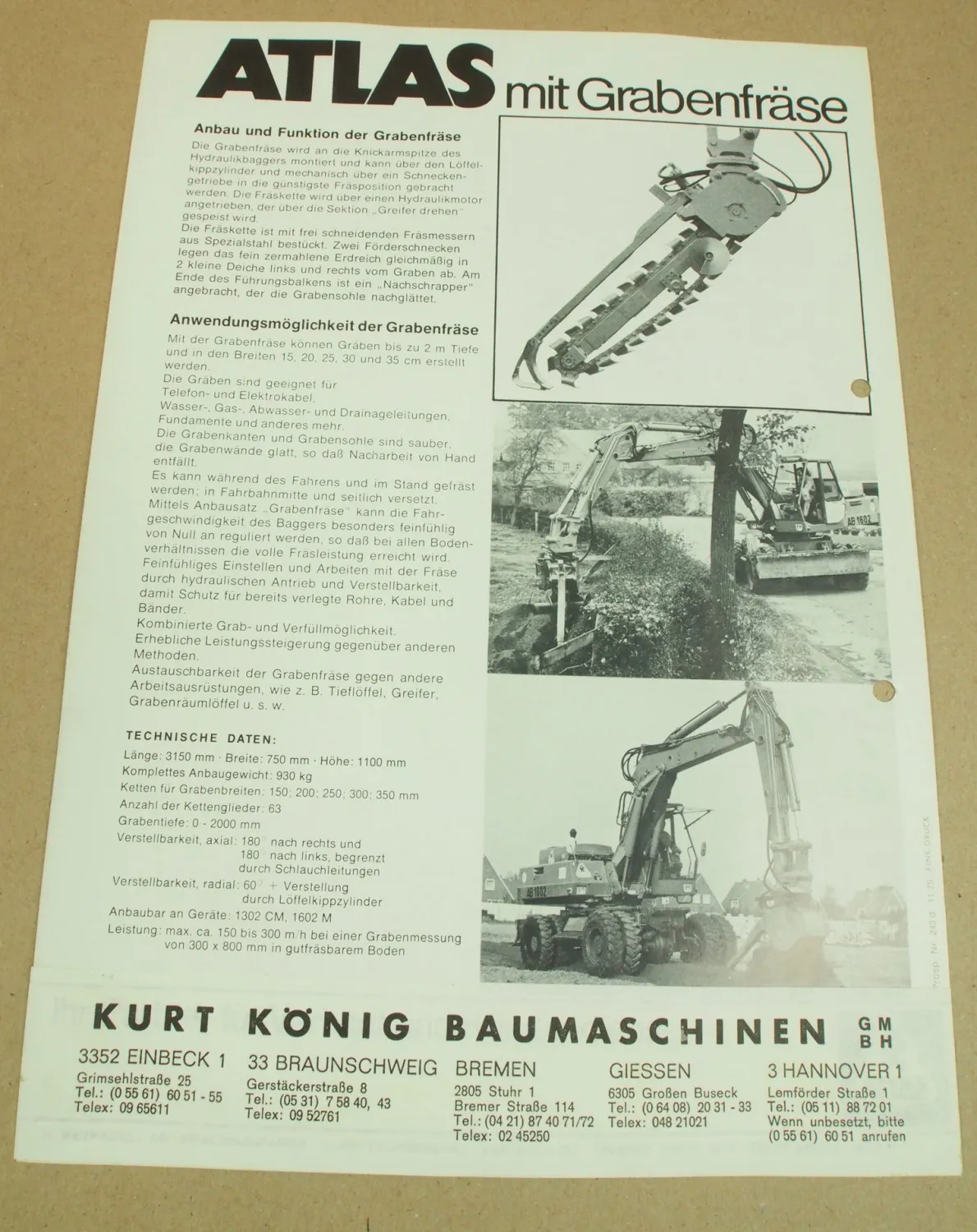 2 Prospekte Atlas Grabenfräse am Bagger AB1602 1975 + Preisangebot 1976