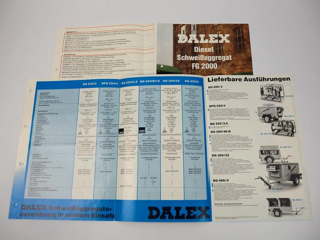 2 Prospekte Dalex FG WG BG Schweißgeräte Schweißaggregate + Preisliste 1982