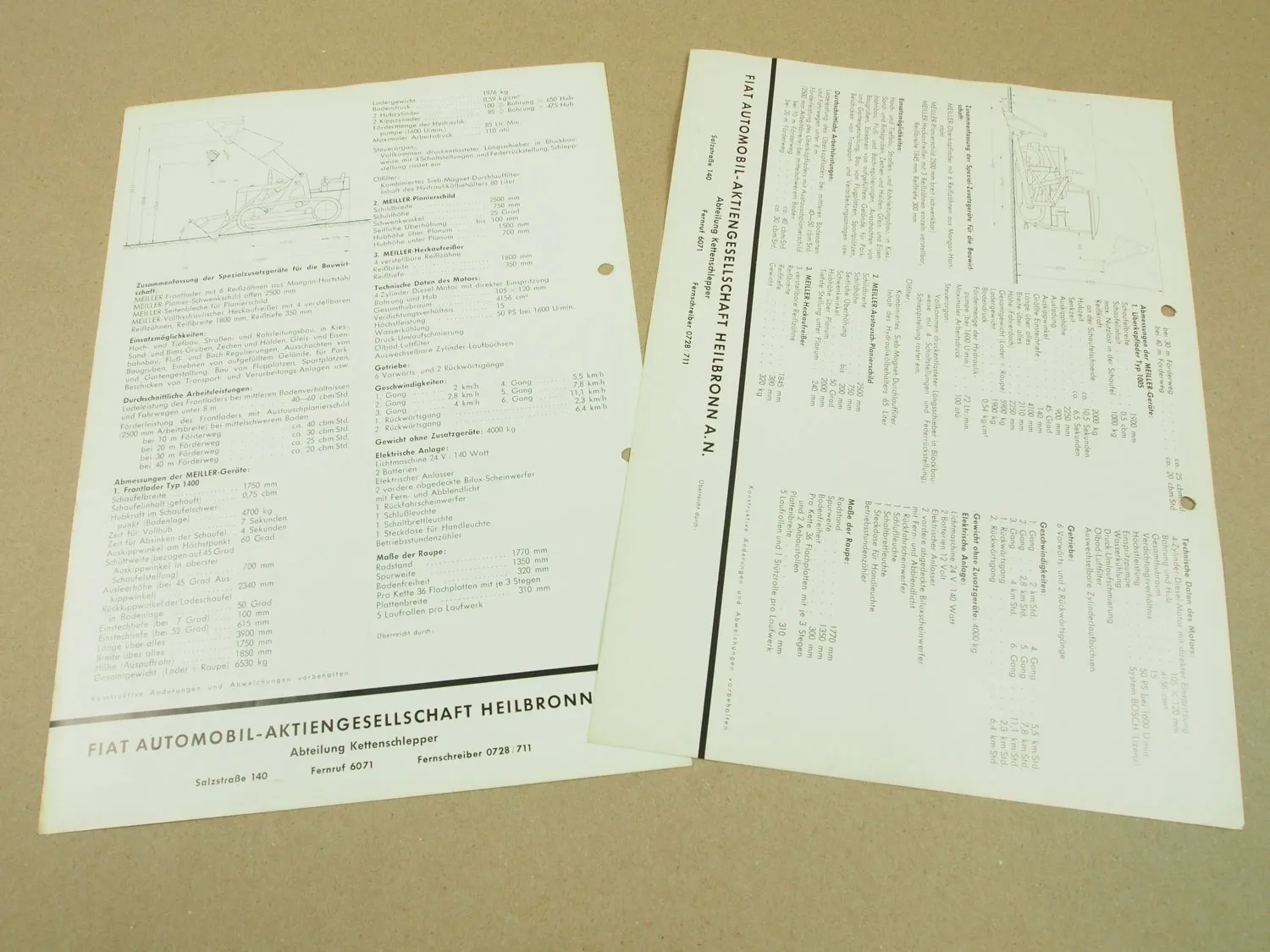 2 Prospekte Fiat 50CA Planierraupe 50 PS mit Meiller Frontlader Überkopflader