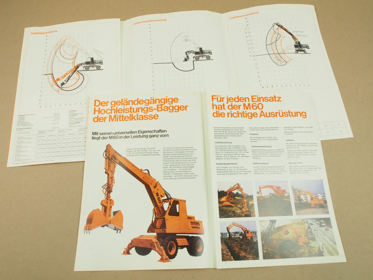 2 Prospekte Hanomag M60 Hydraulikbagger und Ausrüstungen von 1970