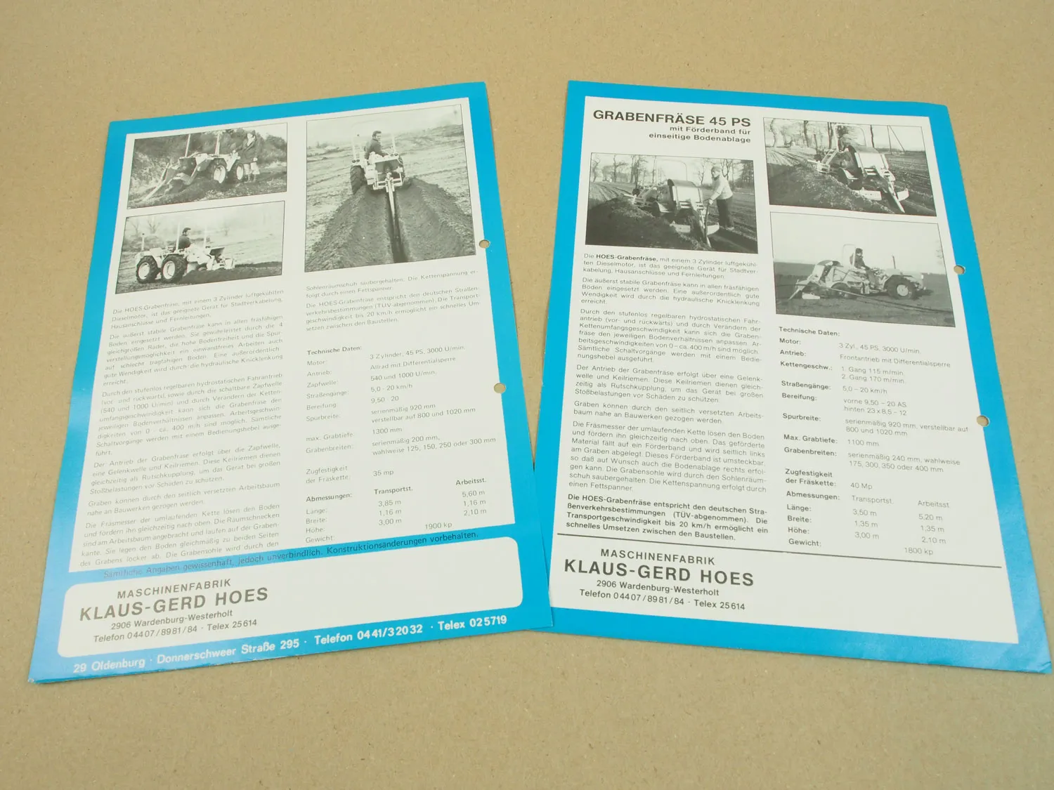 2 Prospekte Hoes Grabenfräse 45 PS am Ferrari Schlepper 3-Zylinder Dieselmotor