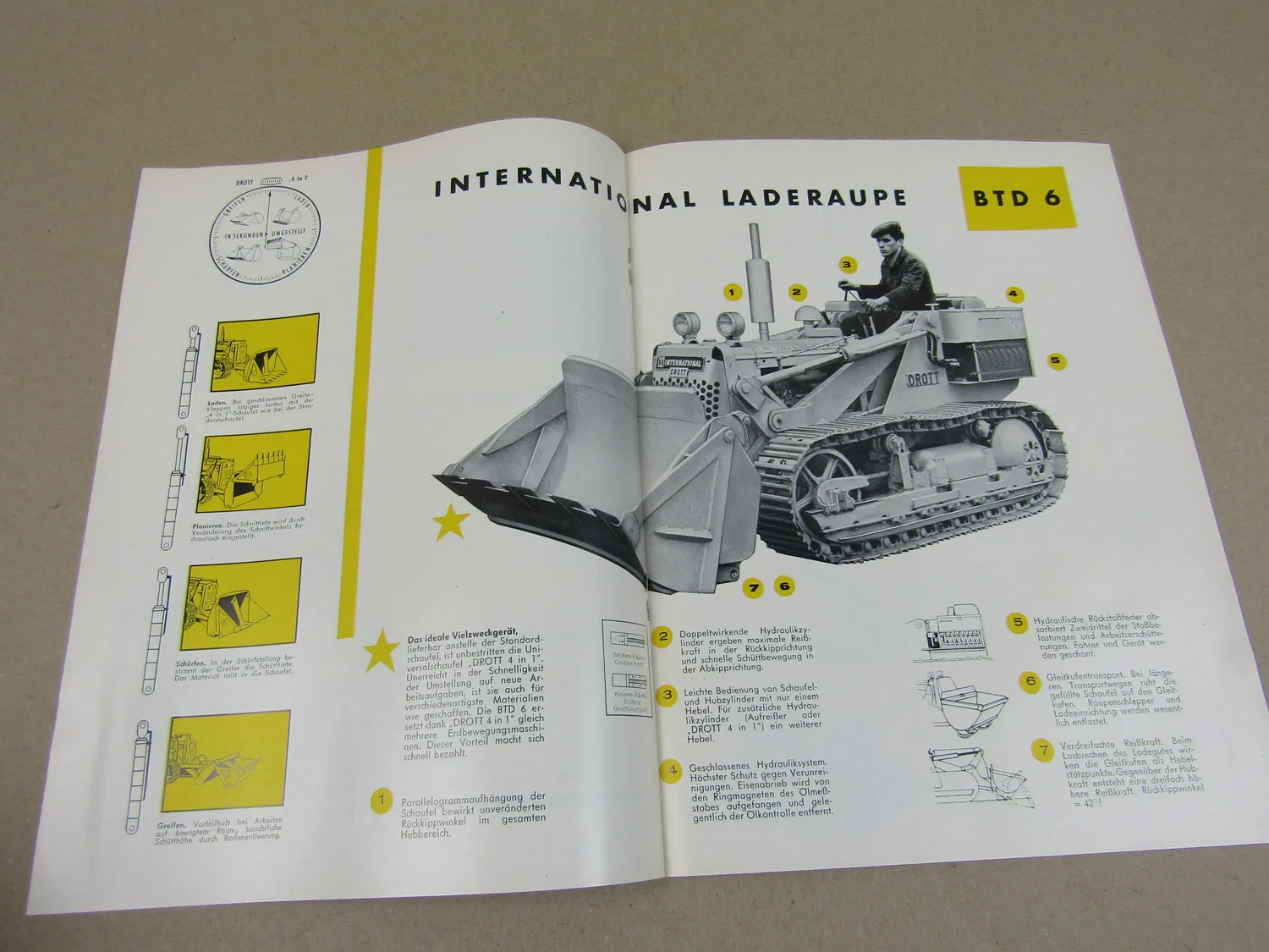 2 Prospekte IHC Drott BTD6 Laderaupe BTD-6 mit 4 Zylinder 51 PS Motor