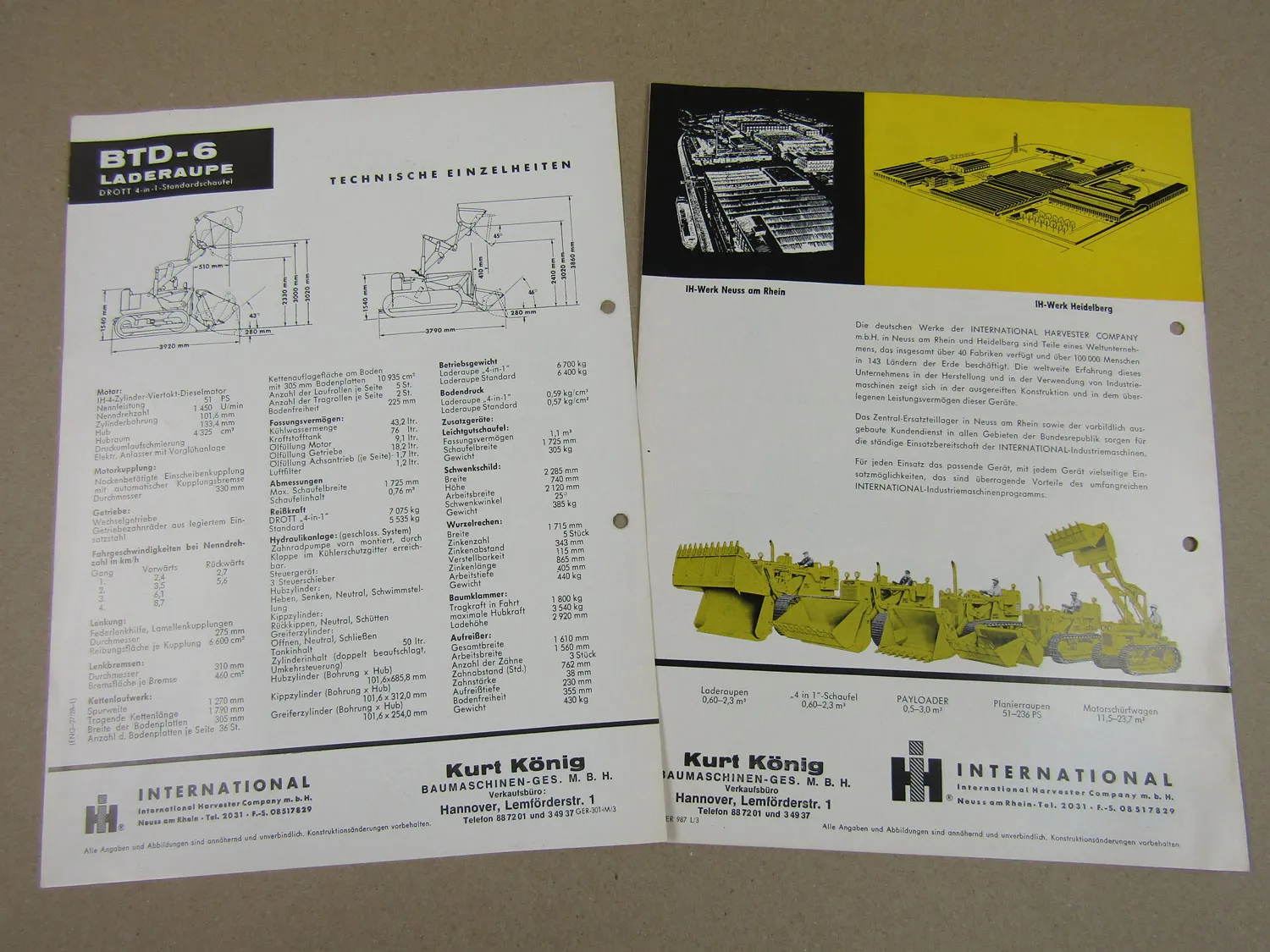 2 Prospekte IHC Drott BTD6 Laderaupe BTD-6 mit 51 PS