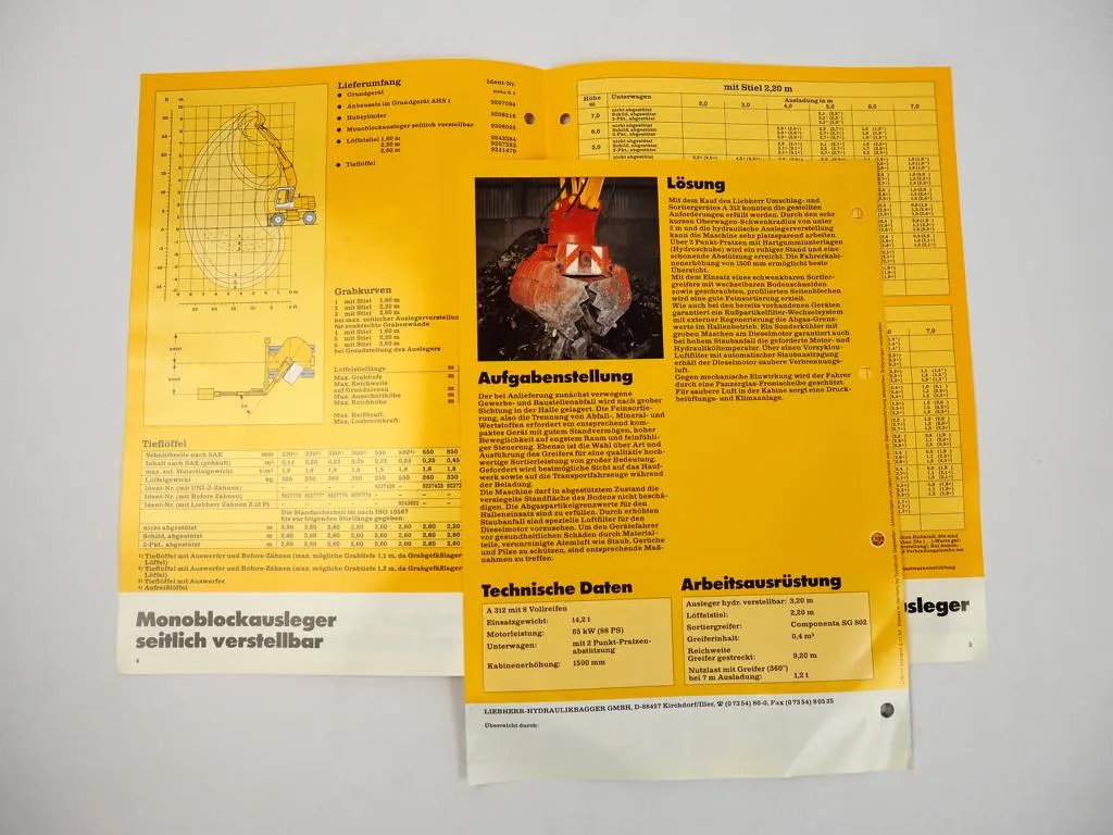 2 Prospekte Liebherr A312 Hydraulikbagger Einsatzbericht Recycling Hennef 1997