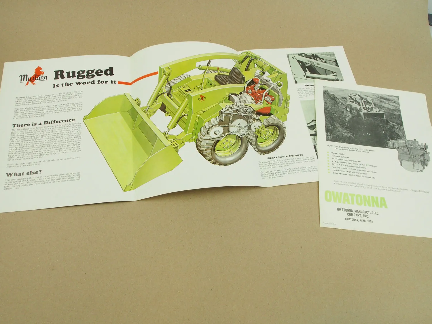 2 Prospekte Mustang Owatonna 1700 aus den 60/70er Jahren in englisch