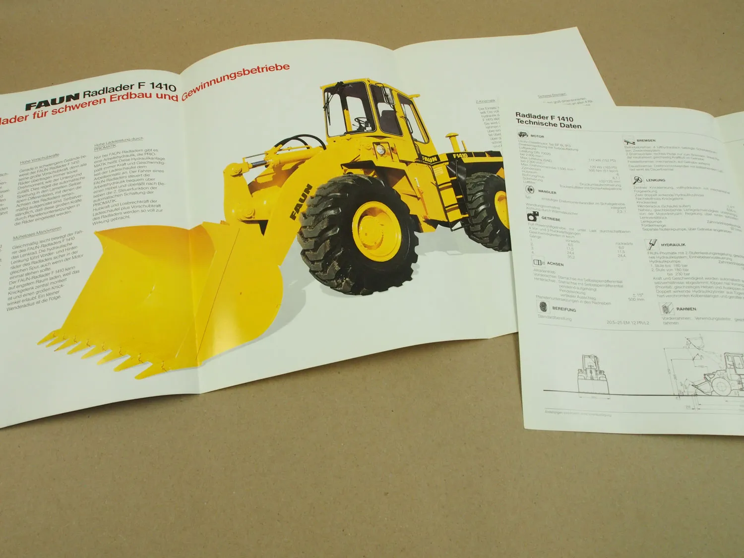 2 Prospekte Technische Daten FAUN F1410 Radlader von 1985
