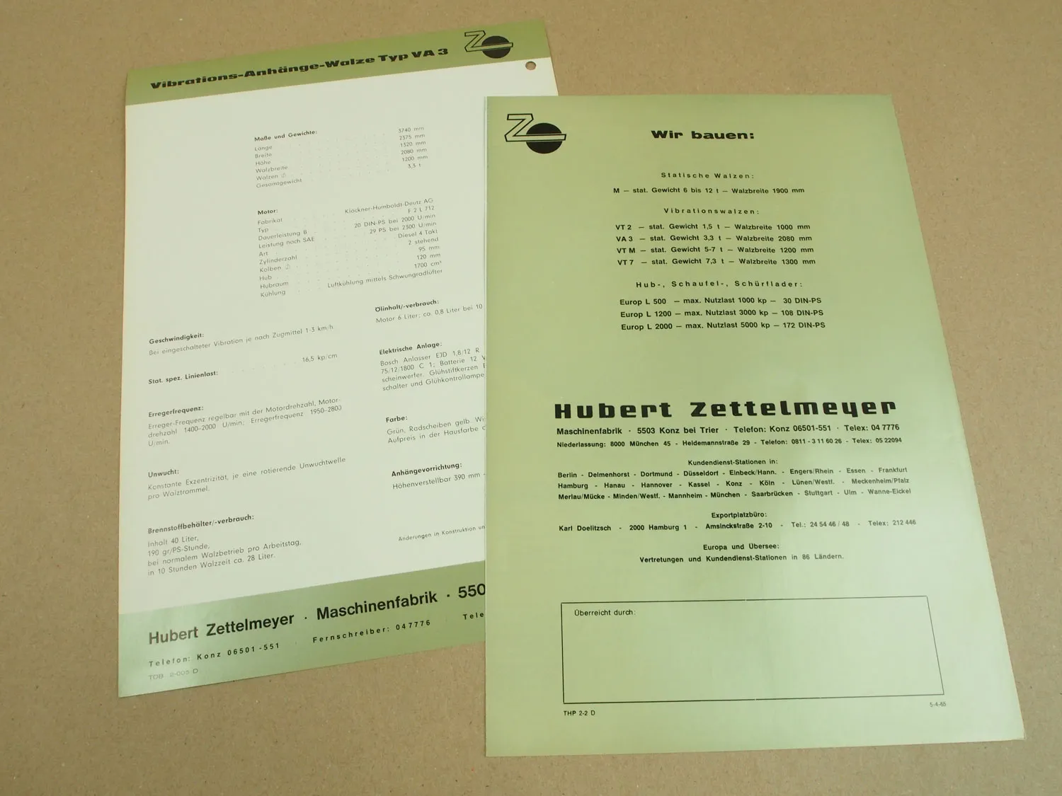 2 Prospekte Zettelmeyer VA3 Vibrations Anhängewalzen 1965