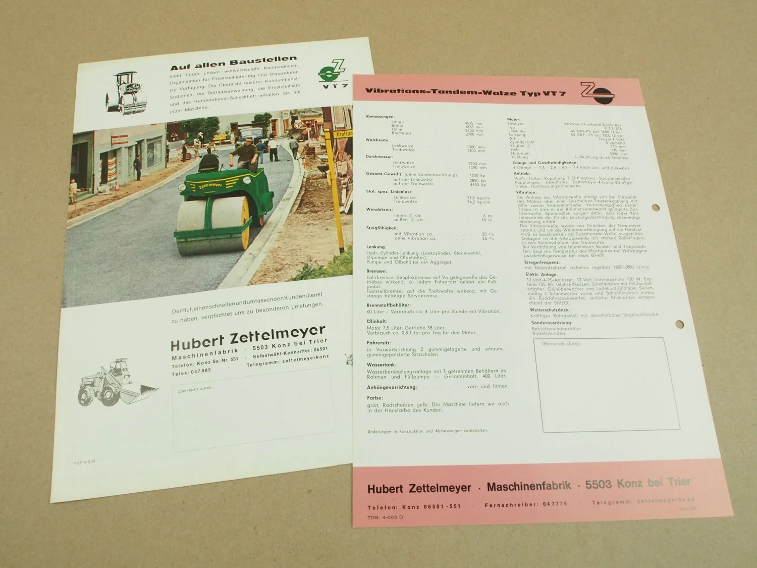 2 Prospekte Zettelmeyer VT7 Vibrations Tandemwalze 1964