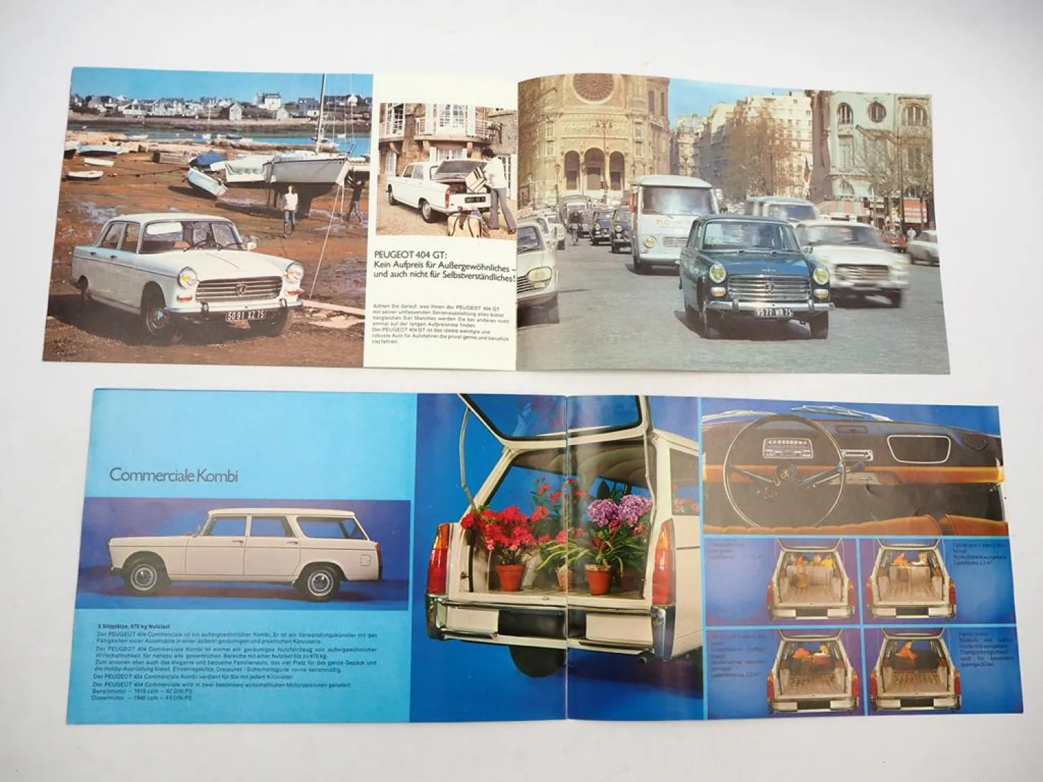 2x Orig. Prospekt Peugeot 404 Limousine GT Break Familiale Commerciale 1970/73