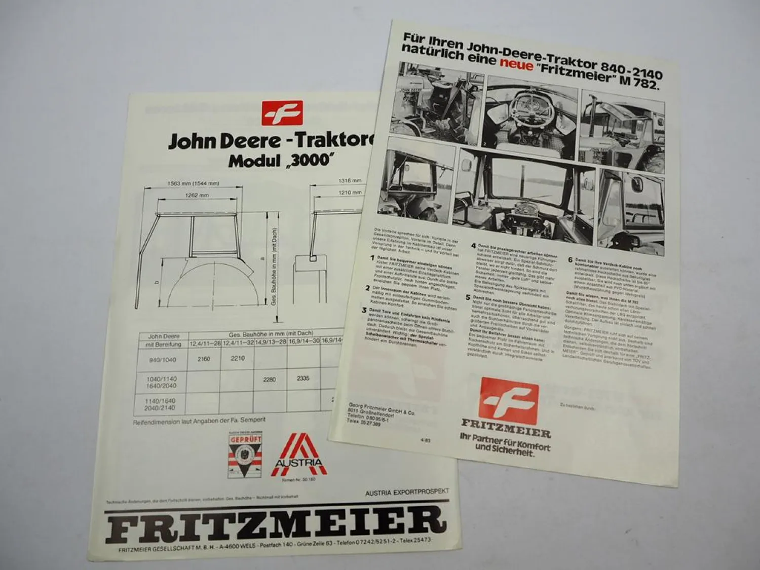2x Original Prospekt Fritzmeier Kabine für John Deere 840 bis 2140 ca. 1983