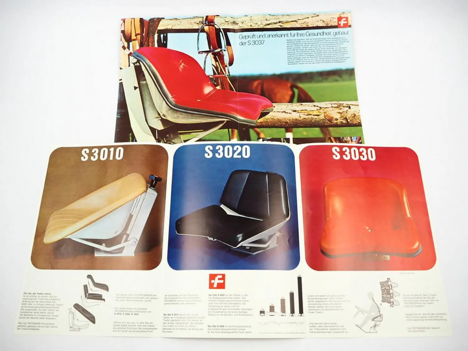 2x Original Prospekt Fritzmeier S 3010 3020 3030 3037 Schleppersitz 1970er Jahre