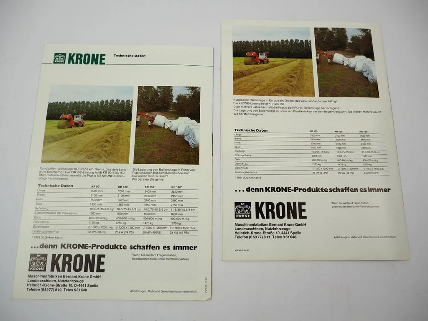 2x Original Prospekt Krone KR 90 120 150 180 Rundballenpresse 1982/84