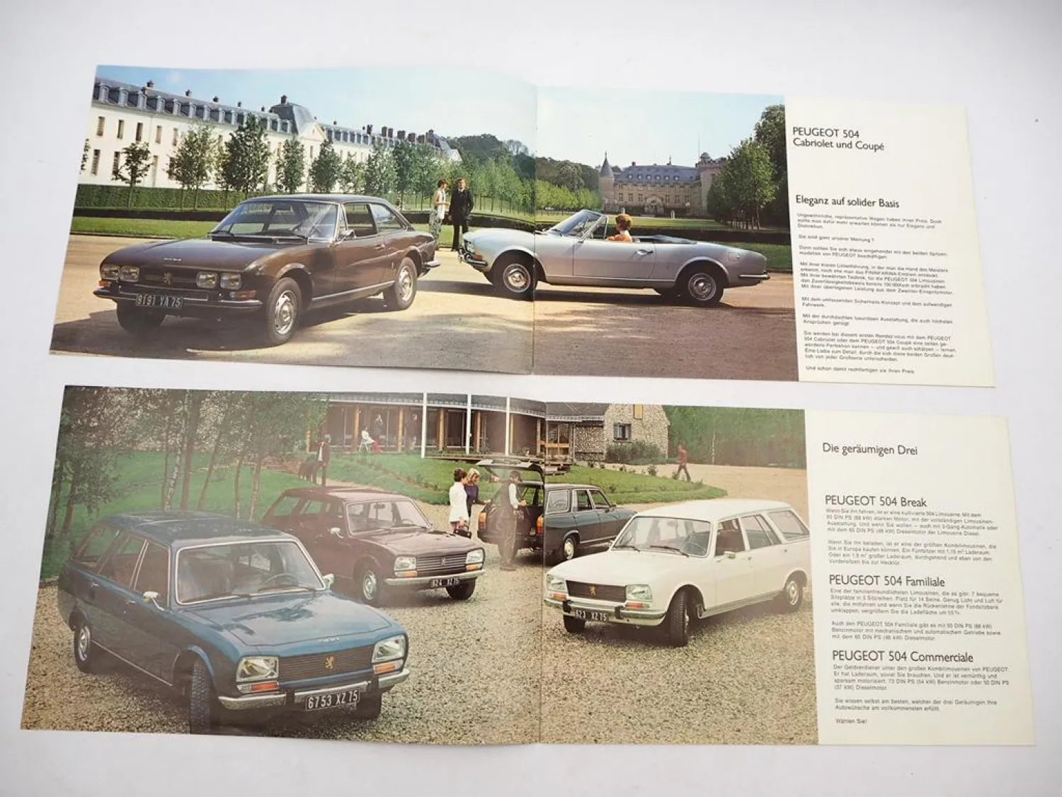 2x Original Prospekt Peugeot 504 Limousine Break Commerciale Cabrio Coupe 1973