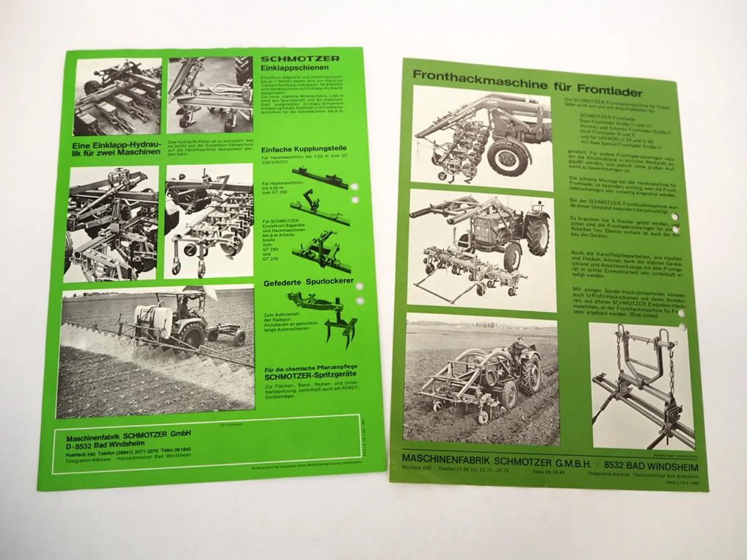2x Original Prospekt Schmotzer Anbaugeräte für MF IHC Fendt Geräteträger 1970er