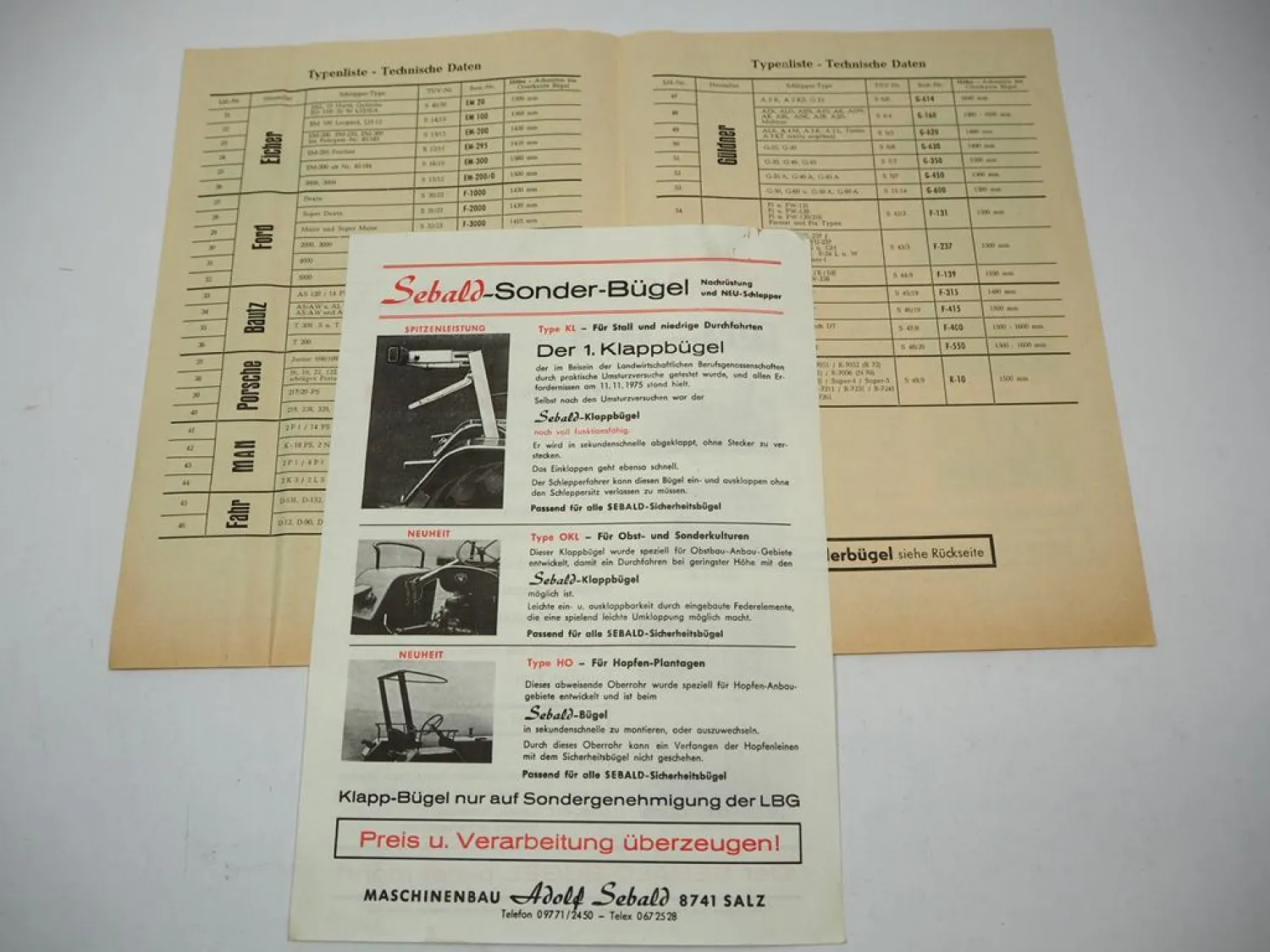 2x Original Prospekt Sebald Sicherheitsbügel am IHC Güldner Eicher Schlepper