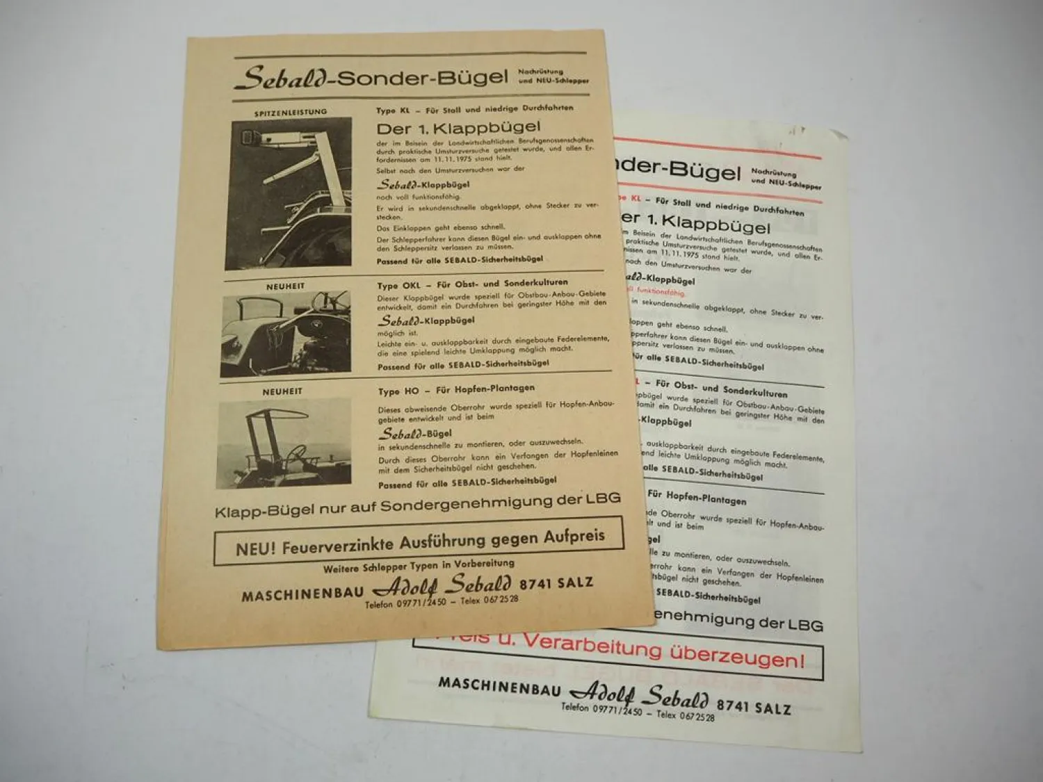 2x Original Prospekt Sebald Sicherheitsbügel am IHC Güldner Eicher Schlepper