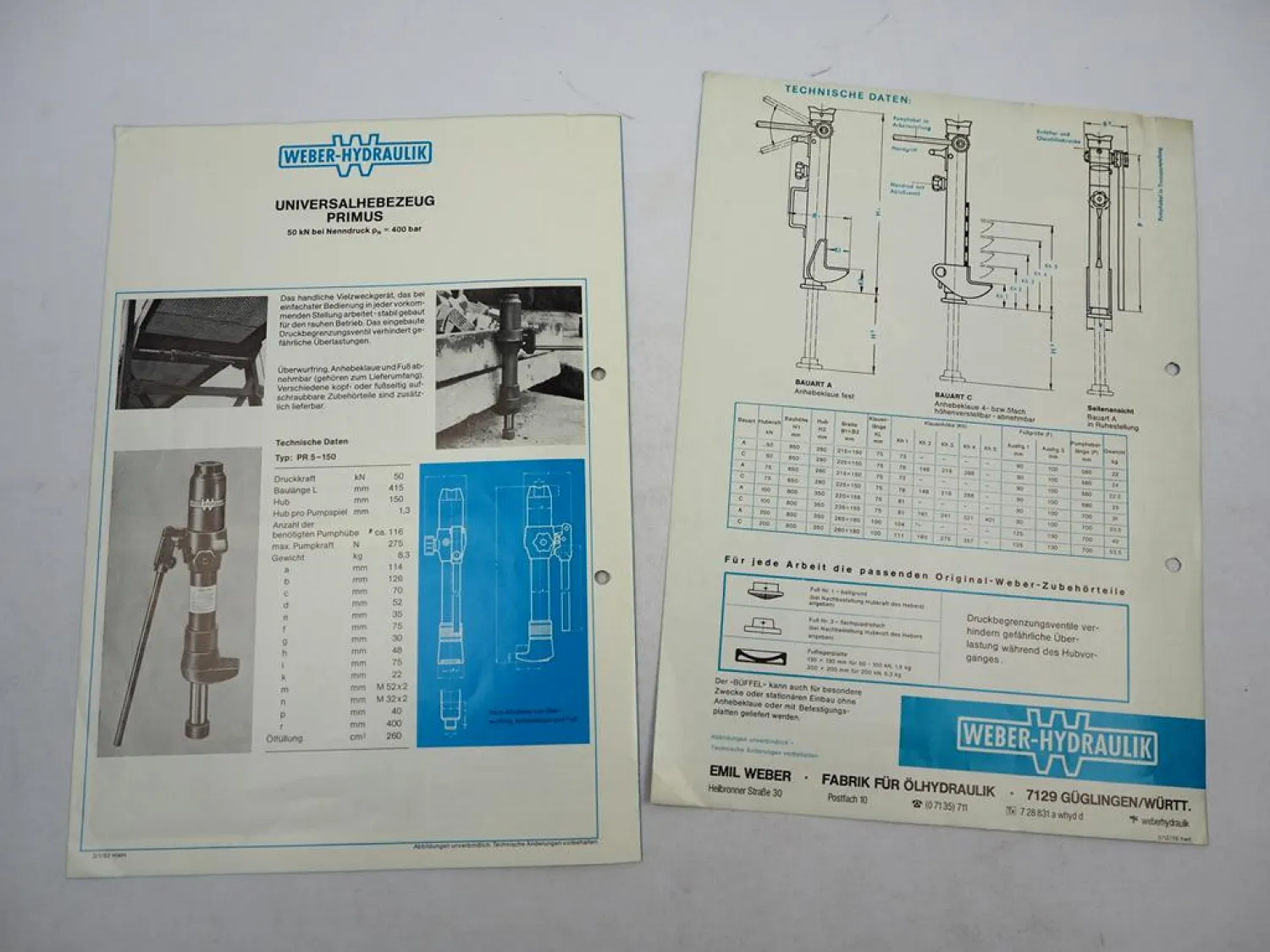 2x Original Prospekt Weber Hydraulik Hebezeug Muli Büffel 1970/80er Jahre