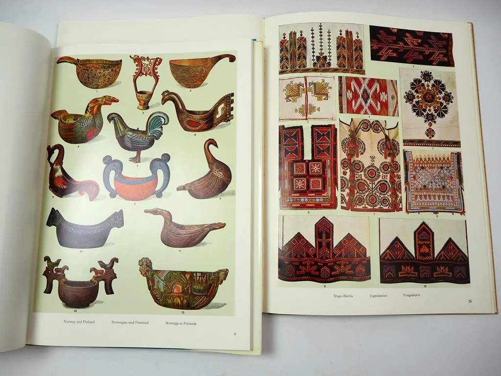 2x Ornamente der Volkskunst Keramik Holz Metall Gewebe Teppich Stickerei 1949/68