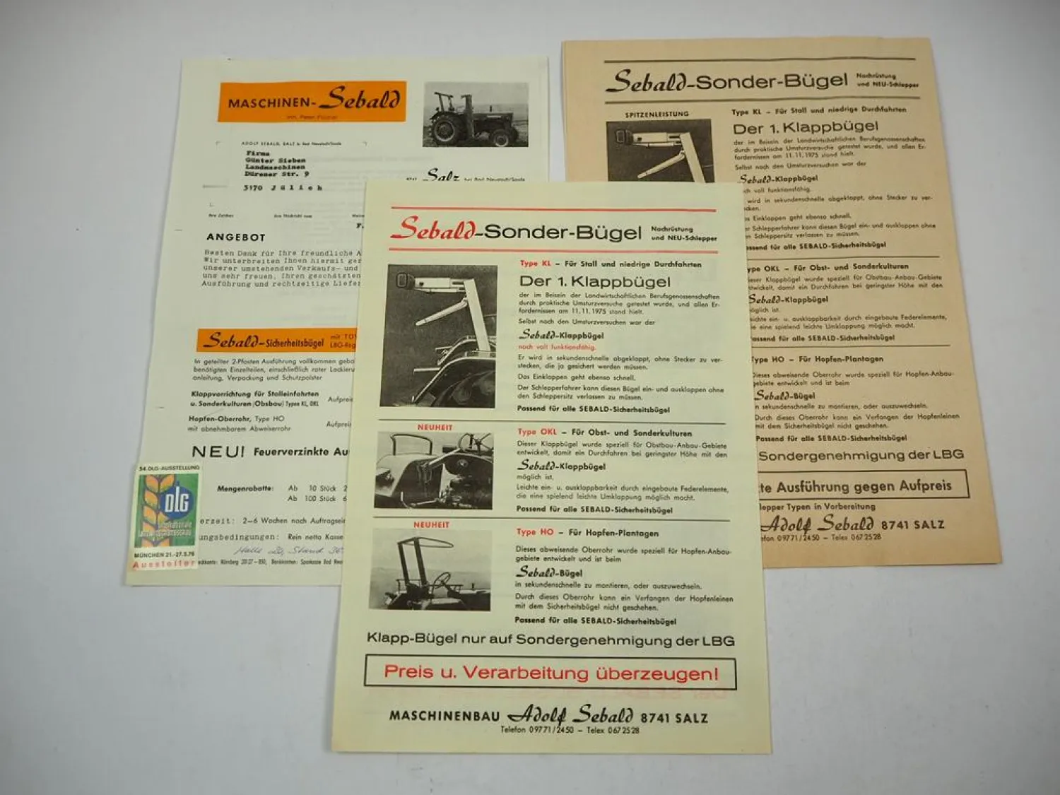 2x Prospekt + Angebot Sebald Sicherheitsbügel am IHC Güldner Eicher Schlepper