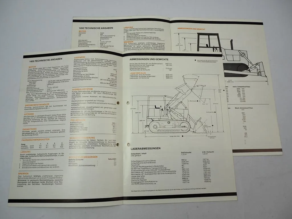 2x Prospekt Case 1450 Laderaupe Planierraupe Technische Daten 1978