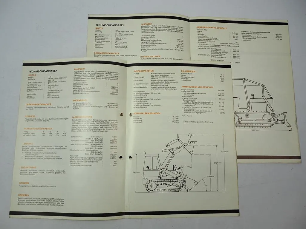 2x Prospekt Case 450A Laderaupe Planierraupe Technische Daten 1970er Jahre