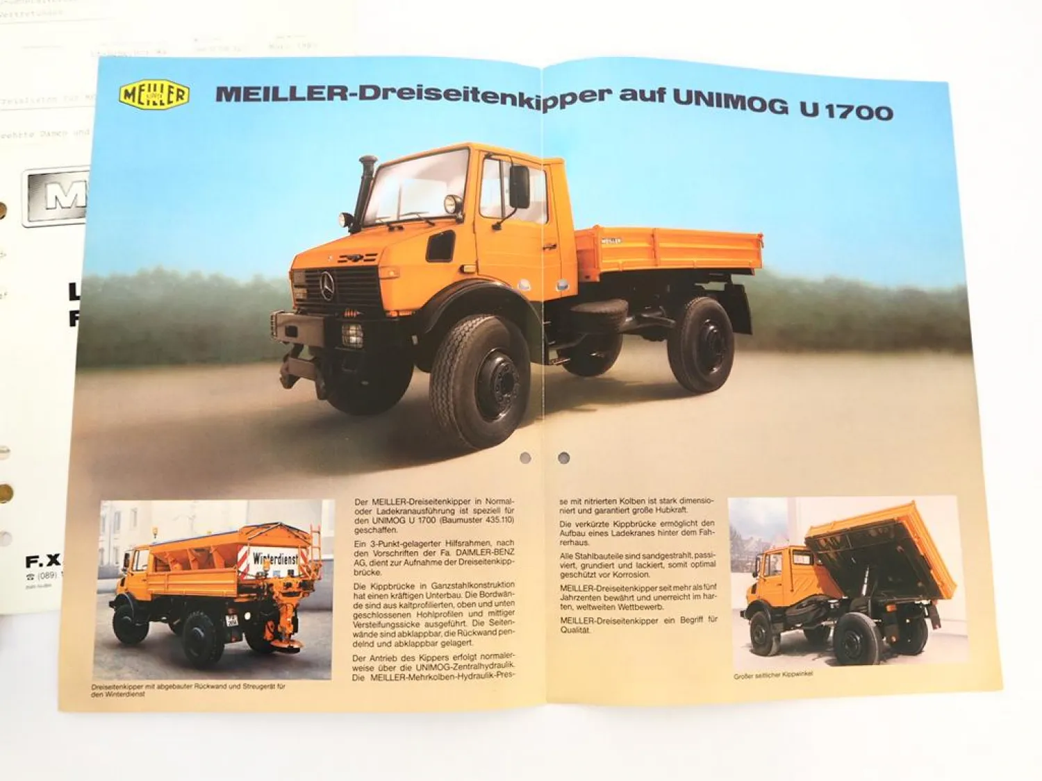 2x Prospekt Meiller MK 60 70 Ladekran Kipper auf Unimog U1700 + Produktprogramm