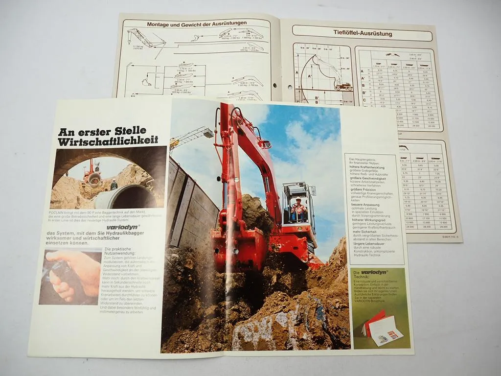 2x Prospekt Poclain 90P Mobilbagger Technische Daten 1980er Jahre