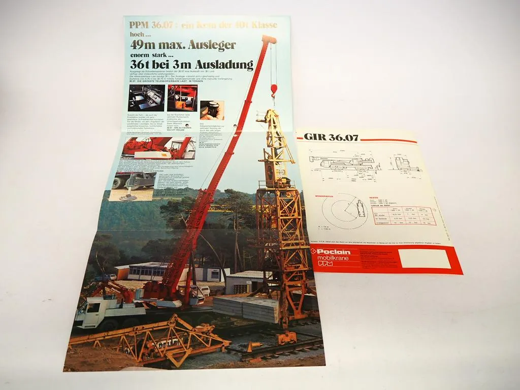 2x Prospekt Poclain PPM 36.07 Mobilkran mit Teleskopausleger Techn. Daten 1978