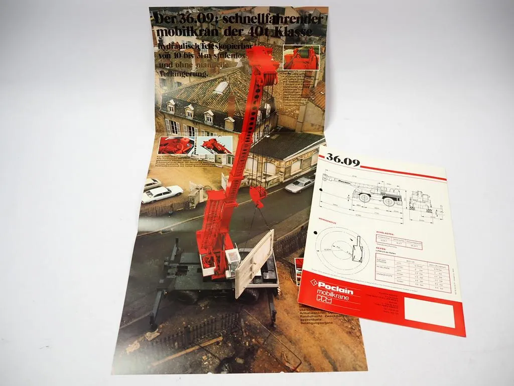 2x Prospekt Poclain PPM 36.09 Mobilkran mit Teleskopausleger Techn. Daten 1978