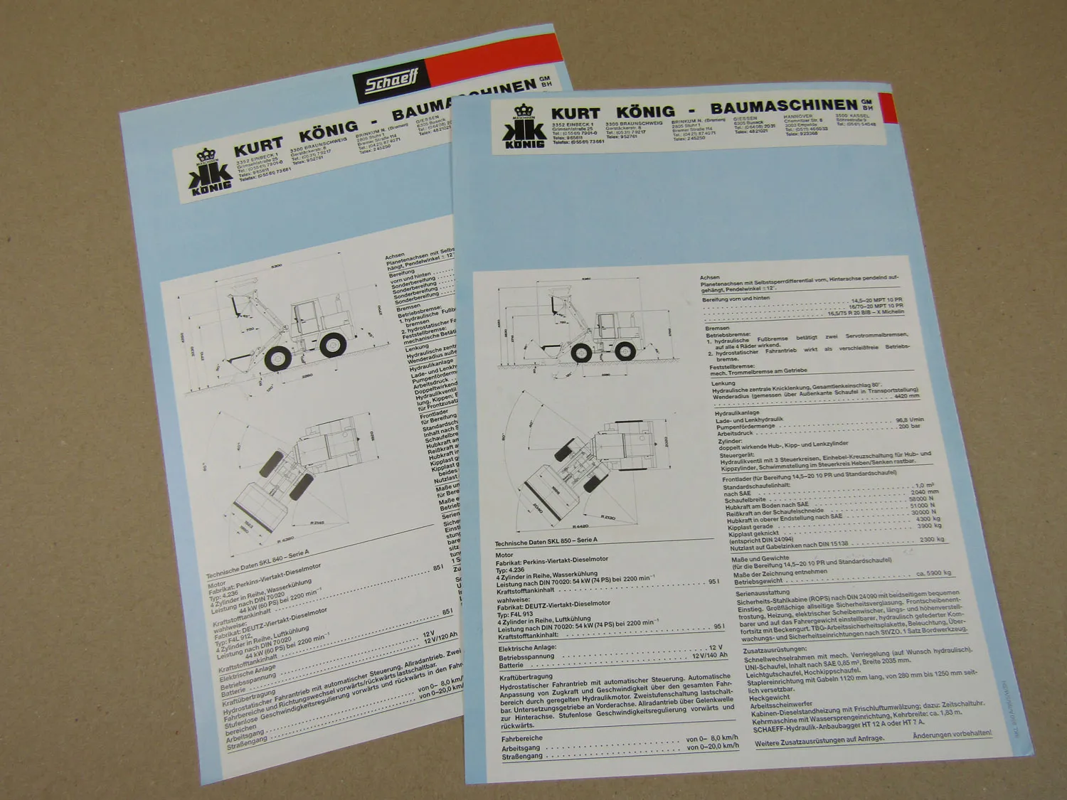 2x Prospekt Schaeff SKL 840 850 Serie A Radlader mit Perkinsmotor von 1985/86