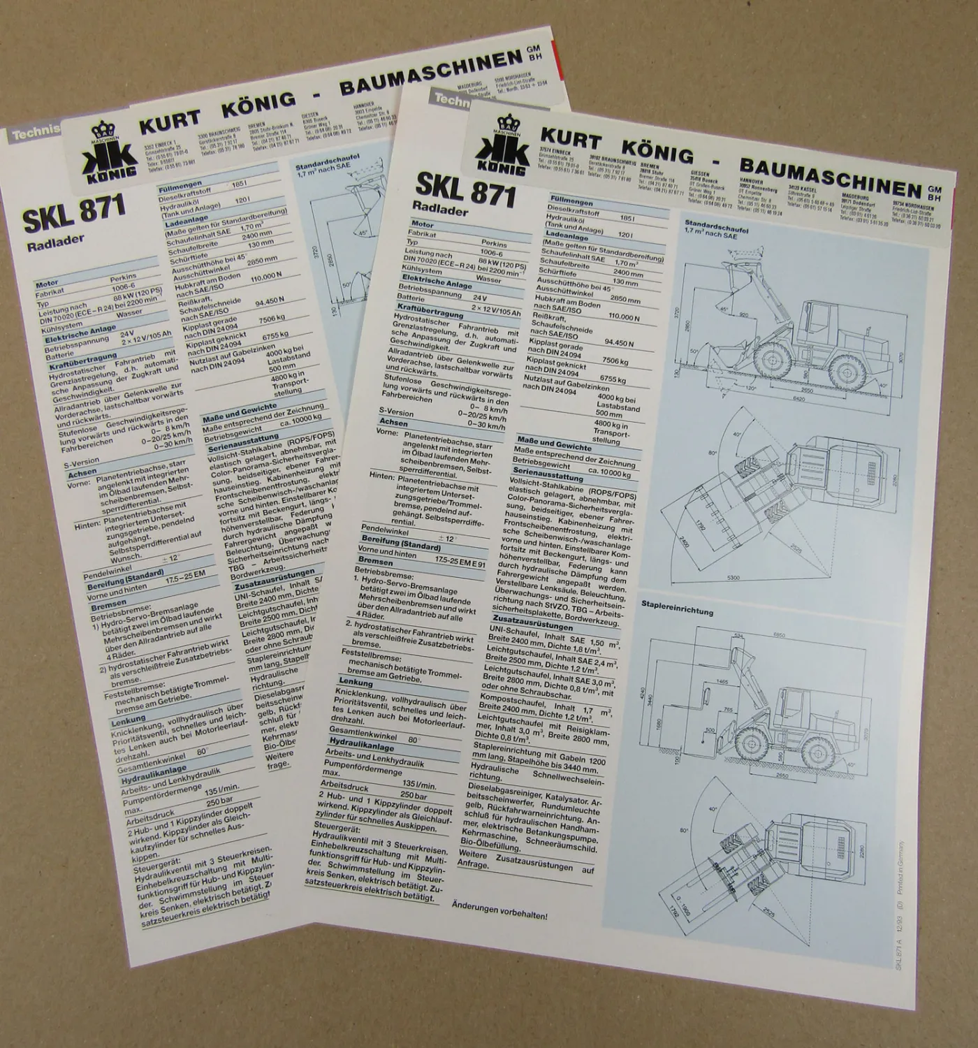 2x Prospekt Schaeff SKL 871 Radlader mit Perkinsmotor von 1993