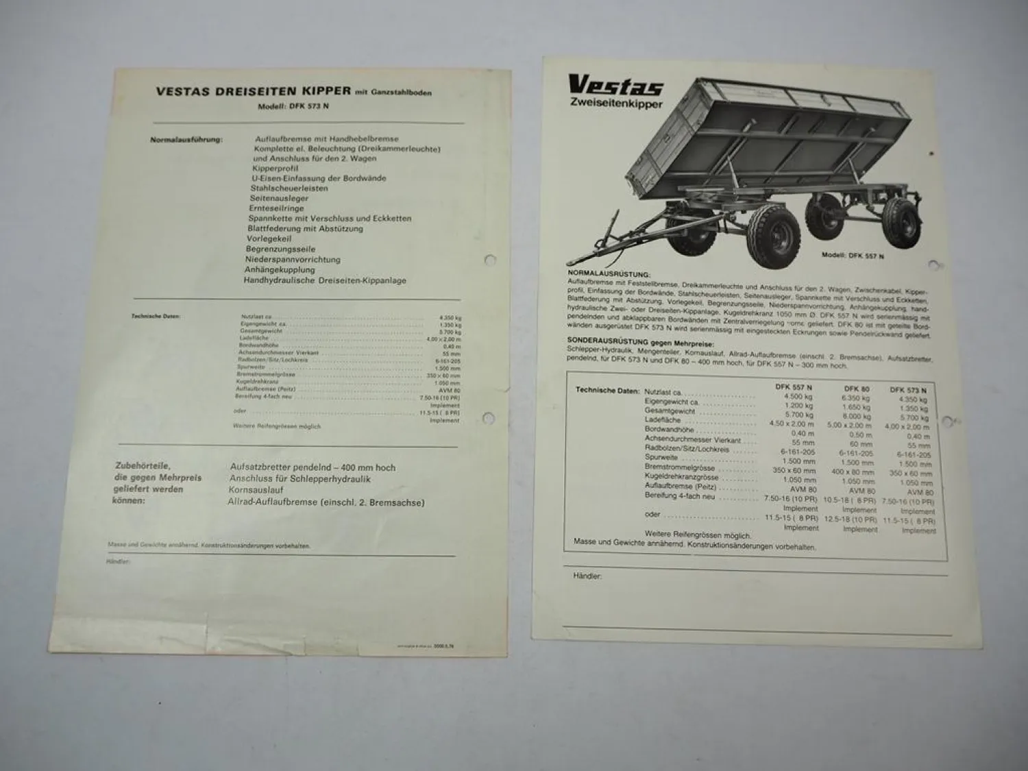 2x Prospekt Vestas DFK Anhänger Kipper 1970er Jahre