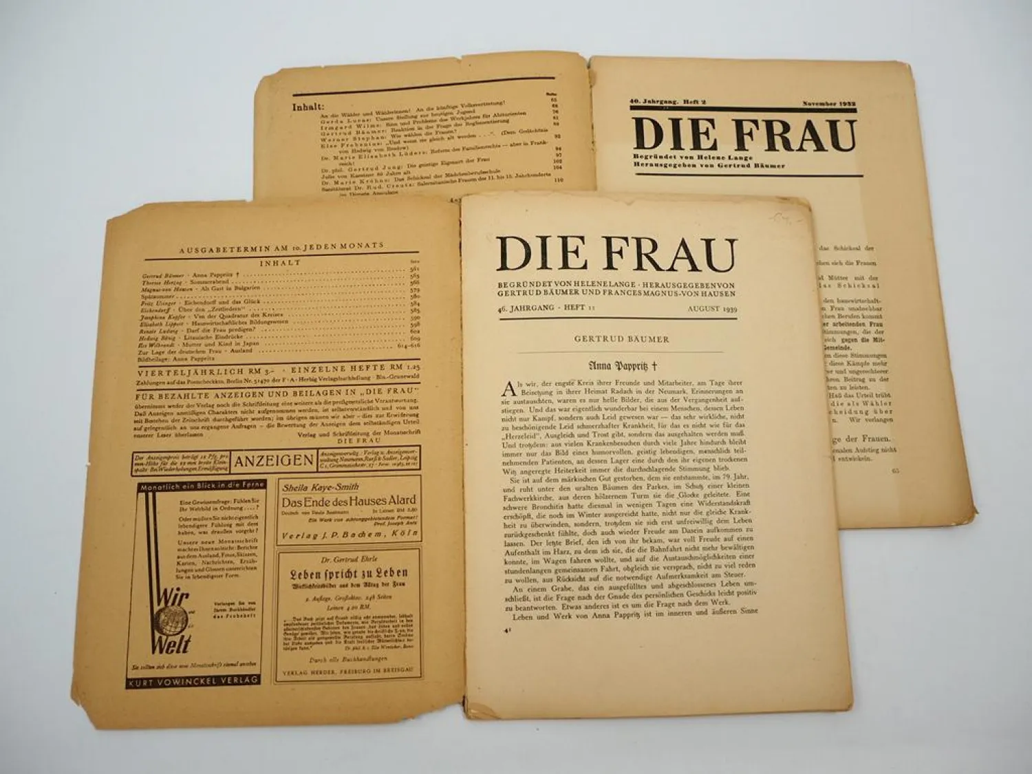 2x Zeitschrift Die Frau 1932/39 Helene Lange Gertrud Bäumer Frauenverein