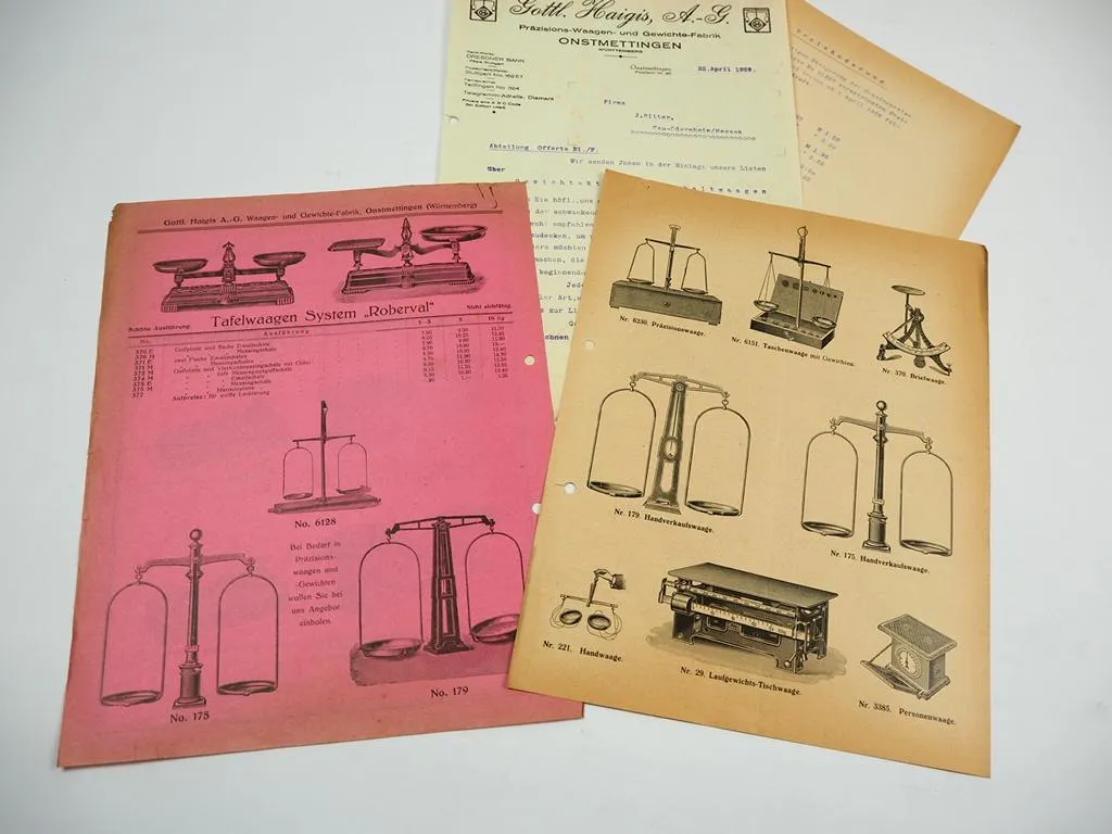 3 Prospekte 1 Preisliste Waagen Gewichte Haigis Onstmettingen 1929