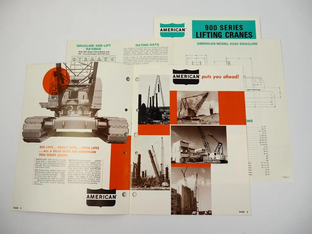 3 Prospekte Brochures American Amhoist 900 series Crawler Crane 1973