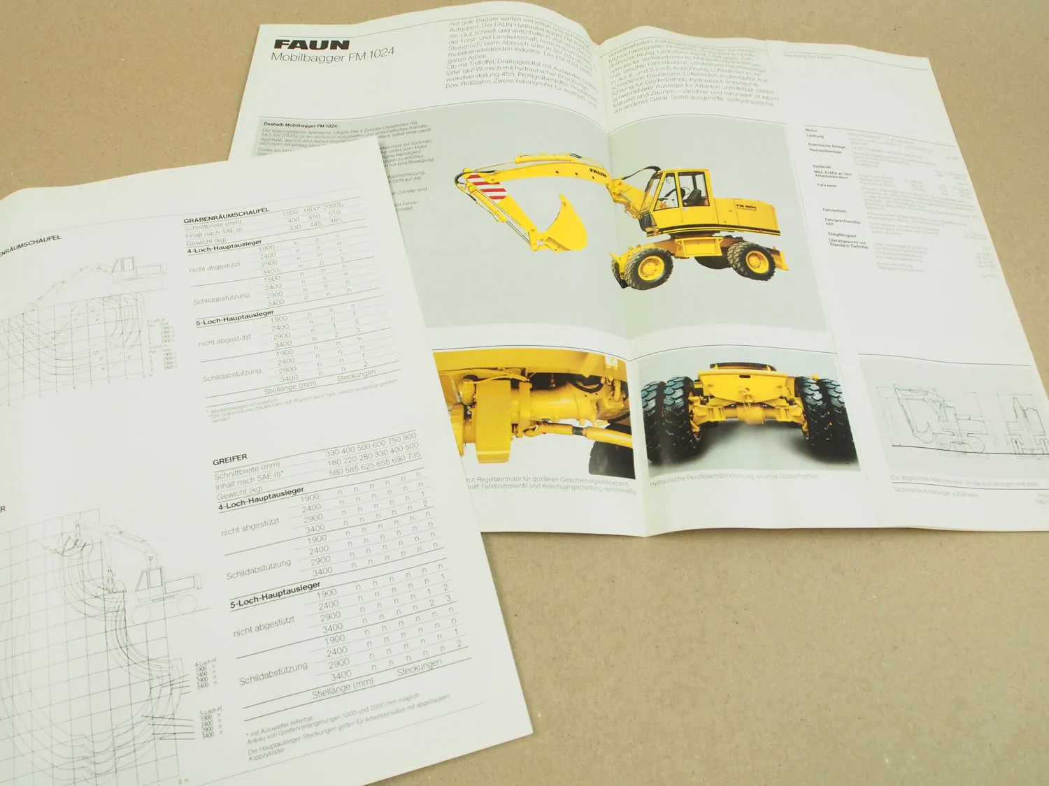 3 Prospekte Datenblätter FAUN FM1024 FR1024LC Bagger 1980er Jahre