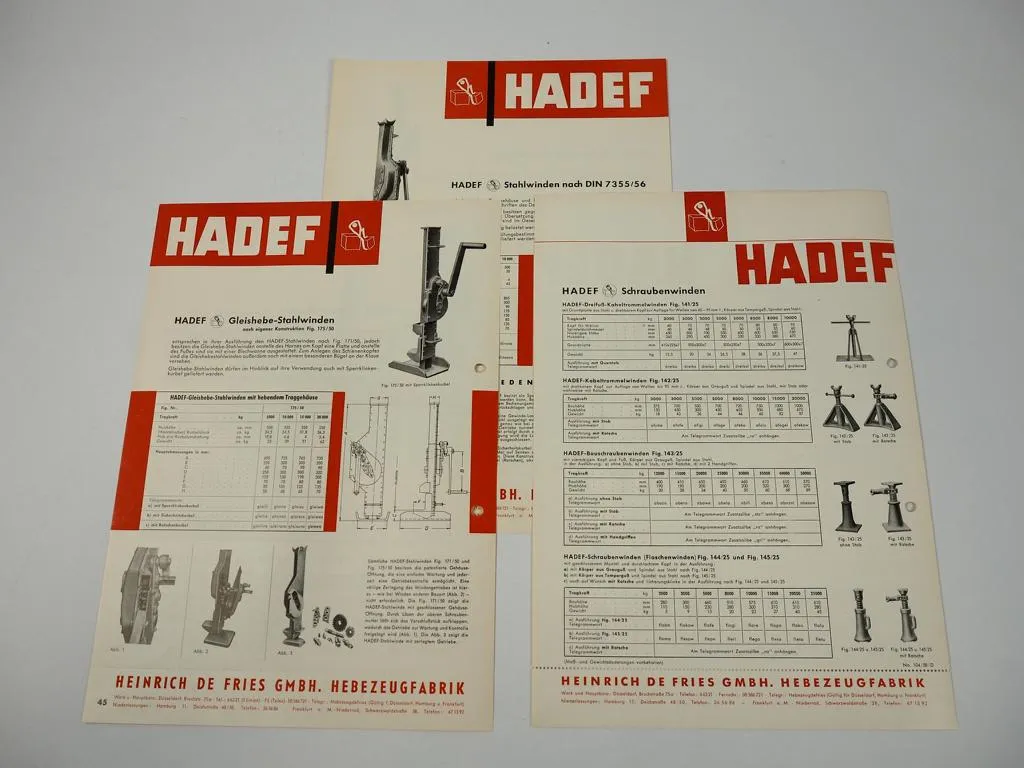 3 Prospekte De Fries HADEF Stahlwinden Schraubenwinden Hebezeuge 1958