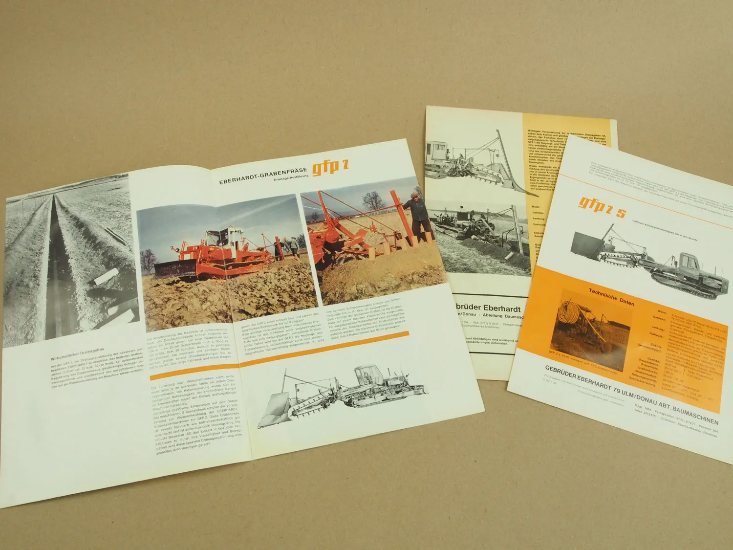 3 Prospekte Eberhardt GFP2 und GFP2S Dranagemaschine aus den 60er Jahren