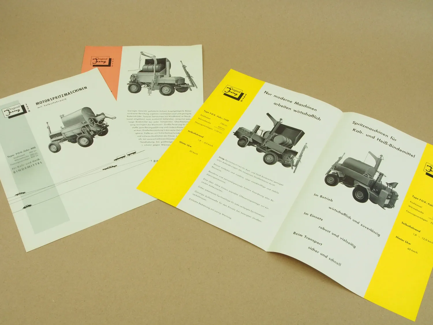 3 Prospekte Friedr. Jung Spritzmaschinen FOX Fahr 600 - 1150 wohl 50er Jahre